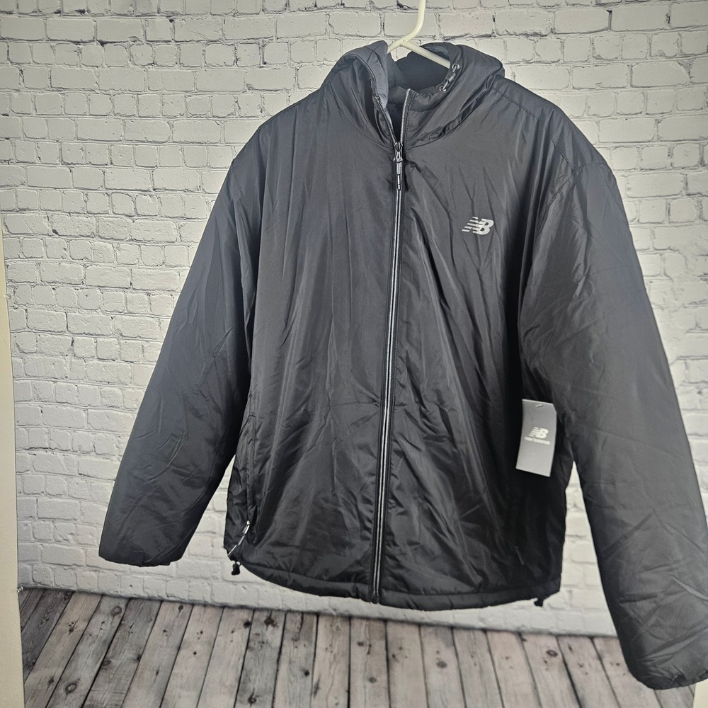 New Balance Mens Black Hooded Puffer Jacket Full Zip Insulated Coat Size L New